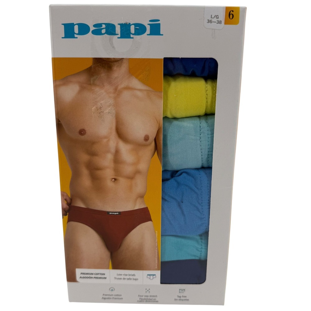Papi Mens 6-Pack Premium Cotton Low-Rise Briefs Multi-Color Large 36-38